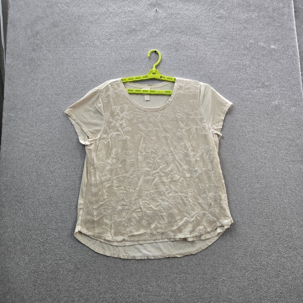 Chico's Women Shirt 3 Beige Floral Embroidered Scoop Neck Pullover Short Sleeve